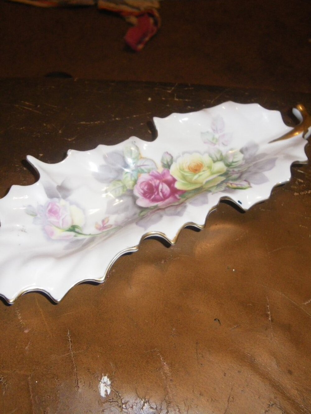 Vintage Porcelain Long Leaf Shaped Ornate Candy Dish w/ Rose Graphics Decor